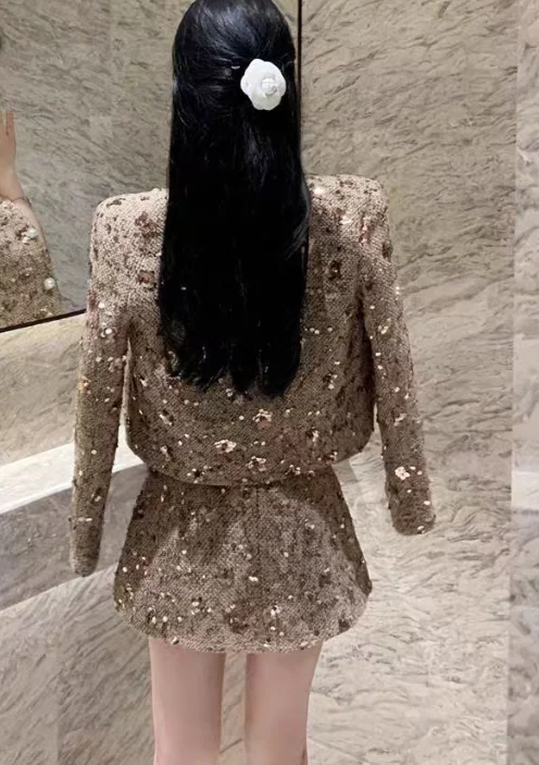Short Jacket And Skirt Matching Sets For Women Fashion Gold Sequin Heavy-duty Clubwear Elegant Socialite Style New Autumn Cute