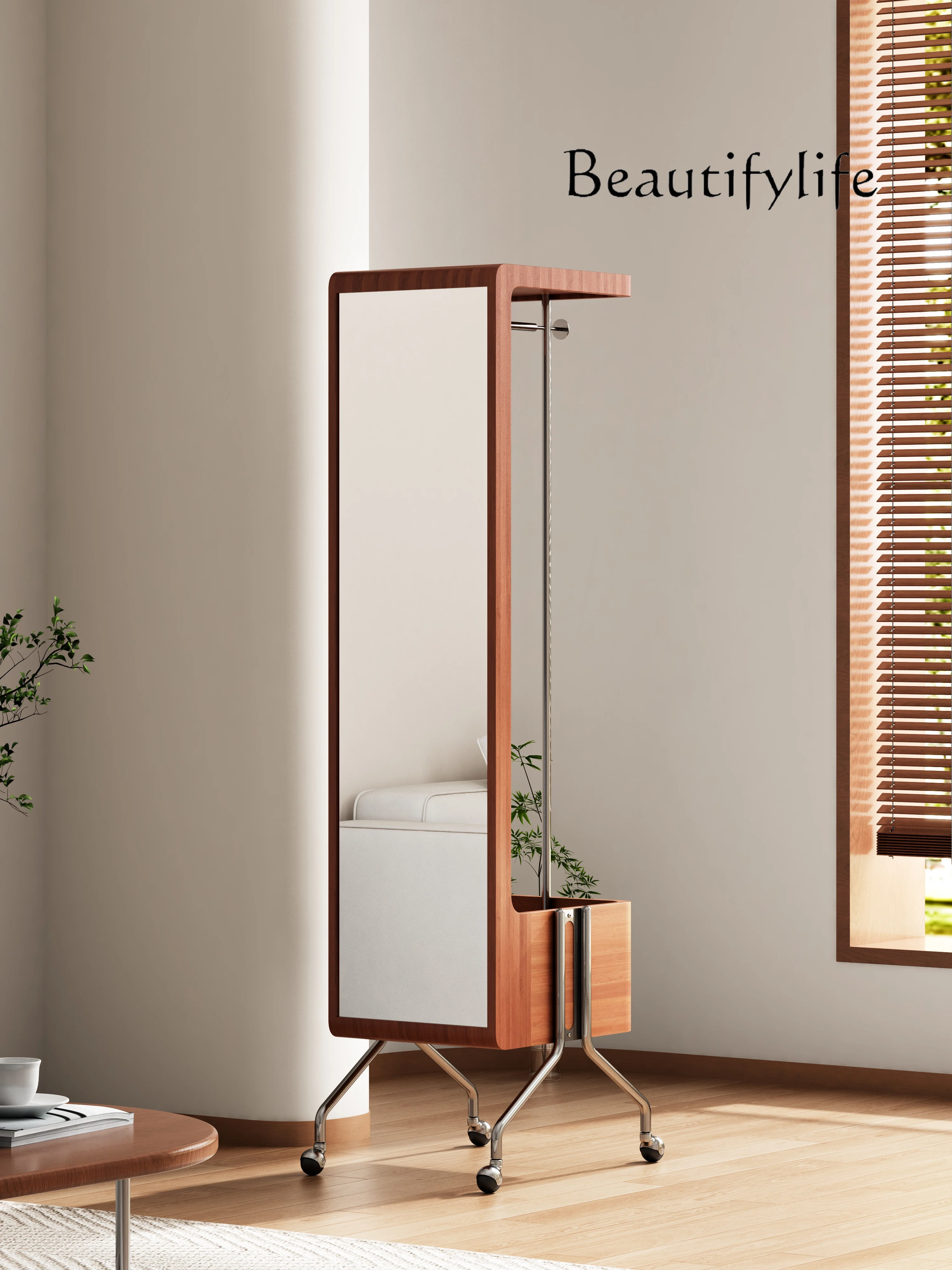 

Household Multi-Functional Solid Wood Full-Length Mirror Floor Mirror Storage Hanger Small Apartment Coat Rack Integrated