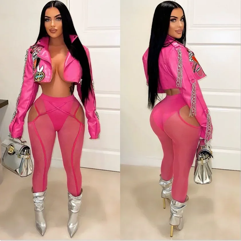 

Women PU Leather Long Sleeve Metal Chains Motorcycle Jackets Turn Down Collar Zip-up Spice Girls Y2K Crop Coats Tops