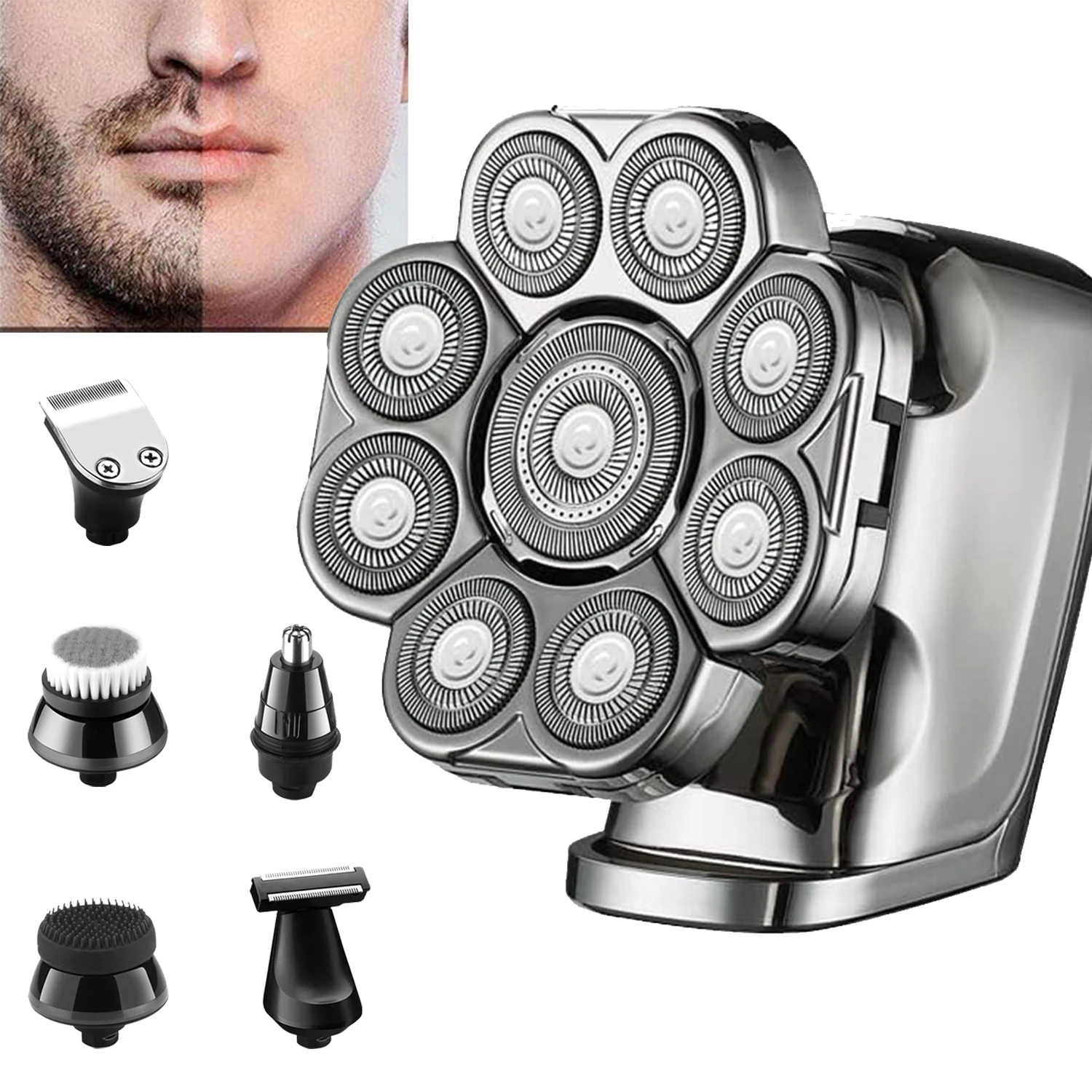 

6-in-1 Bald Head 9D Shavers USB Rechargeable Mens Shaver Kit Head Razors Waterproof Wet Dry Rotary Travel Shaving Machine