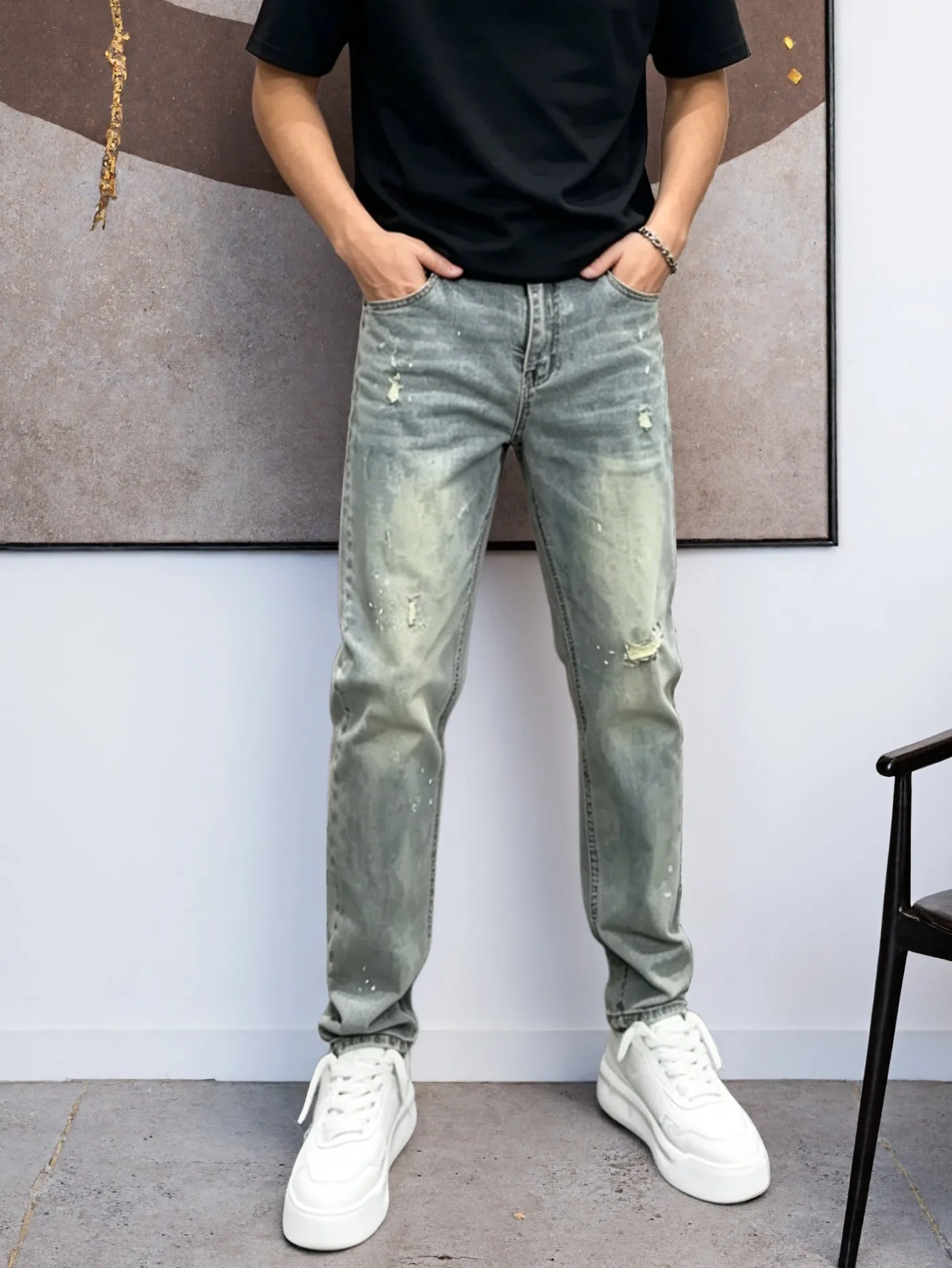 【HME】Men's Jeans | Ripped Paint Splatter Denim Pants, Men Retro Faded Washed Denim Jeans, Relaxed Straight‑Fit Male Denim Trousers, Destroyed Frayed Details, Durable Denim Bottoms, Multi‑Pocket Casual Denim Wear For Male Daily Going‑Out