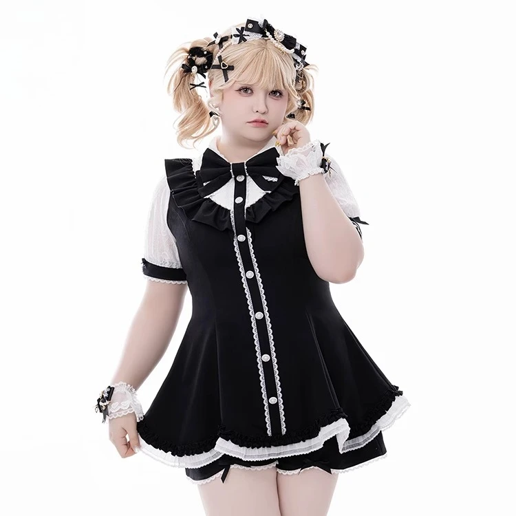 2025 Japanese New Mine Subculture Gothic Dress Set Women's Sweet Cute Bow Slim-Fit Elegant Short Sleeve Top Shorts Set Outfit