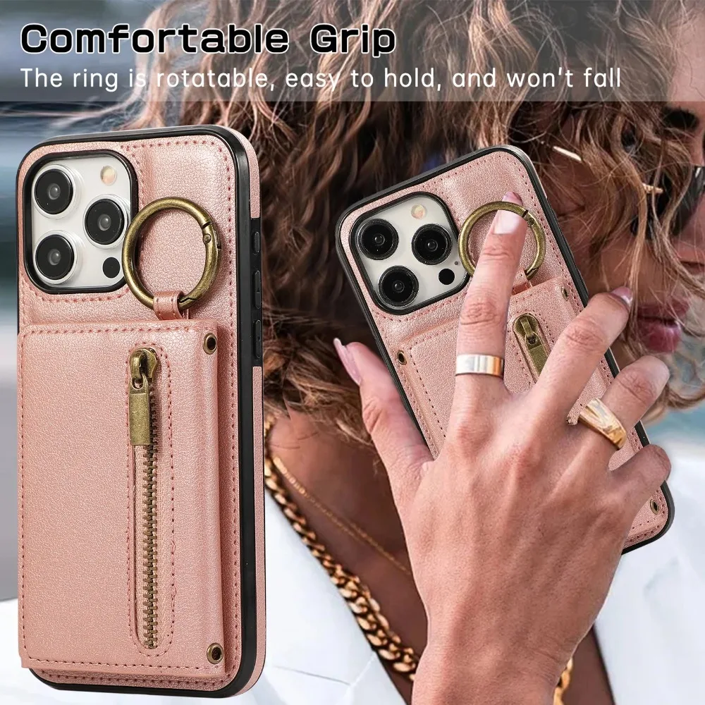 Crossbody Ring Card Holder Zipper Wallet Phone Case For iPhone 15 Pro Max 14 Plus 13 12 11 XS XR 7 8 SE 2020 2022 Leather Cover image 3