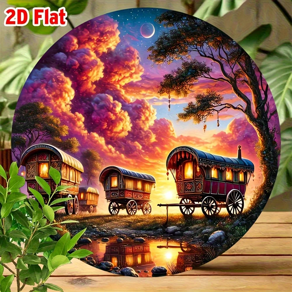 [2D Flat] Vintage Metal Sign, Colorful Cloud Caravan Round Metal Wall Art, Moonlit Night Sky, 20.32x20.32cm Aluminum Wall Decor