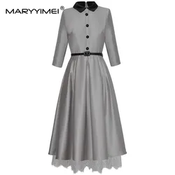 MARYYIMEI Fashion Runway dress Spring Summer Woman's Dress Three Quarter Sleeve Lace-up Patchwork Lace Commuter Elegant Dresses