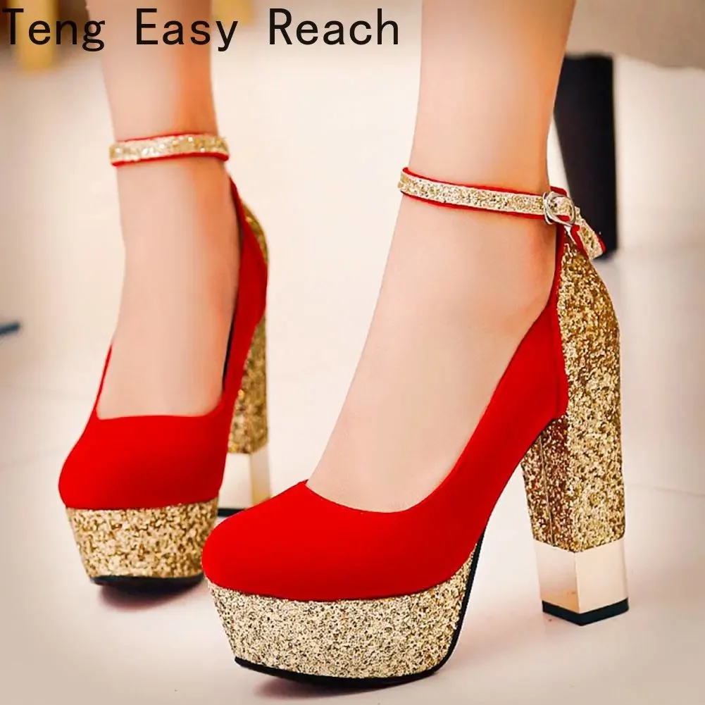 Sexy Gold Silver Platform Women Heels Sequined Chunky High Heel Pumps Summer Party Wedding Lady Shoes 2023 New Style Women Pumps