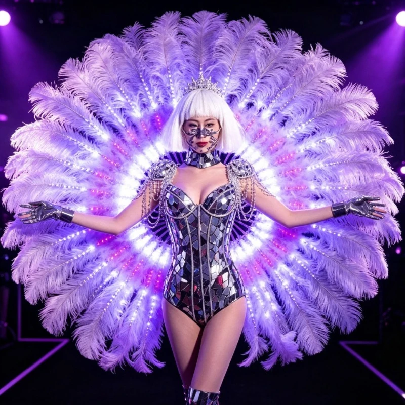LED Light Up Feather Fan Mirror Sequin Bodysuit Stage Costume Women Nightclub DJ Show Glowing Feather Wings Dance Outfit