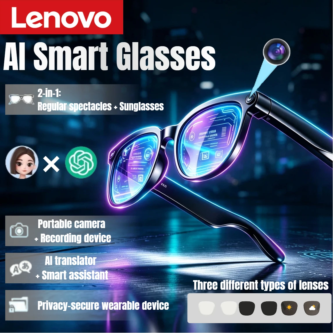 Lenovo AI Smart Glasses HD Camera 150+Language Translation ChatGPT WIFI Video Recording Bluetooth CallAudio Glasses Women  Men