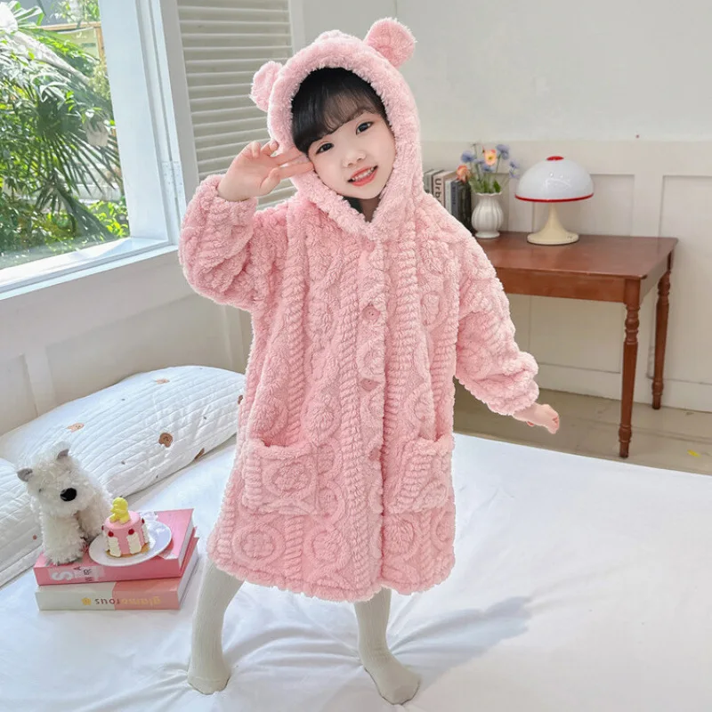 

Winter Robe for Girls' Warmth Thicken Home Clothes Comfortable Pure Color Loungewear Simple Style Children Clothing Pajamas