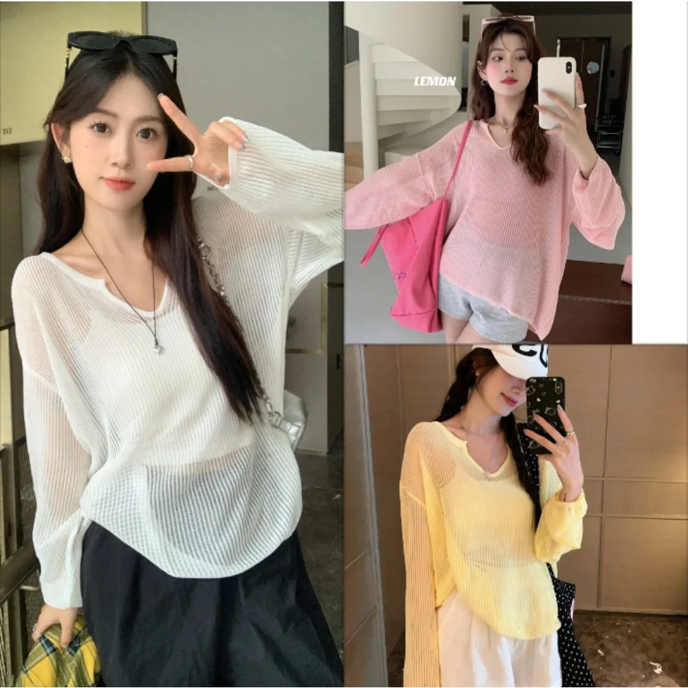 Fashion V-neck Hollow Ice Silk Knitted Sweater Women Thin Sun Protection Air Conditioning Solid Color Transparent Top
