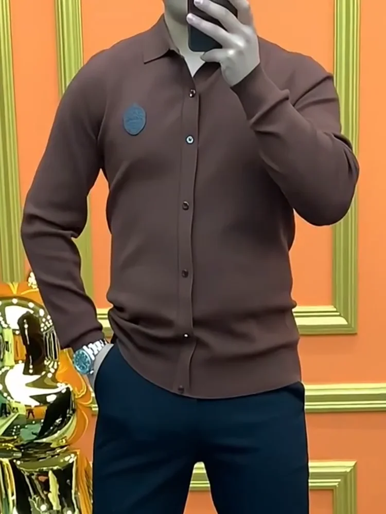 

Мужская трикотажная рубашка с длинным рукавом в стиле кэжуал для осени и зимы, новая модель, элегантная, с воротником, в европейском стиле, модная, брендовая, приталенная, молодежная.