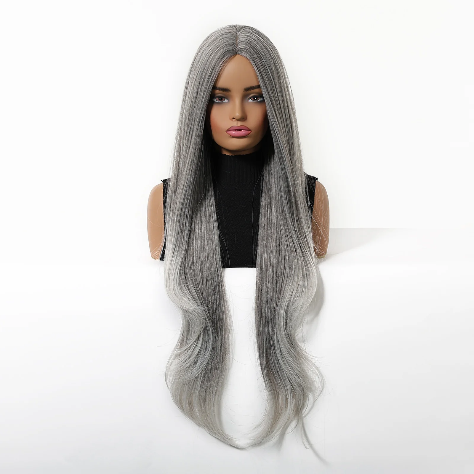 رمادي إلى رمادي فاتح الطبقات تحسس طويل بيروكات صناعية موجة للنساء أزياء أنيقة ارتفاع درجة الحرارة ألياف مقاومة للحرارة الباروكات #3