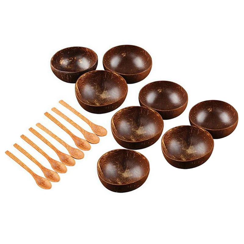 Coconut Bowl Set Handmade Coconut Shell Tableware Wood Spoon Dessert Fruit Salad Mixing Bowl Rice Ramen Bowl 16Pcs