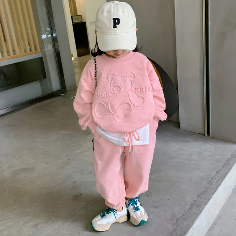 2 3 4 5 6 8 Years Spring Autumn Girls Clothing Set Cute Cartoon Bear Long Sleeved Hoodies+Pants 2Pcs Girls Sports Casual Suit