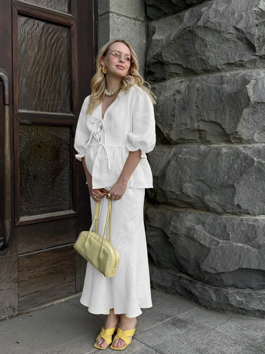 Blubelle 2025 Summer Women's 100% Cotton V-Neck Lace-Up Bubble Sleeve Shirt  Long Skirt Set Loose Casual Two-Piece Suit - Image 3