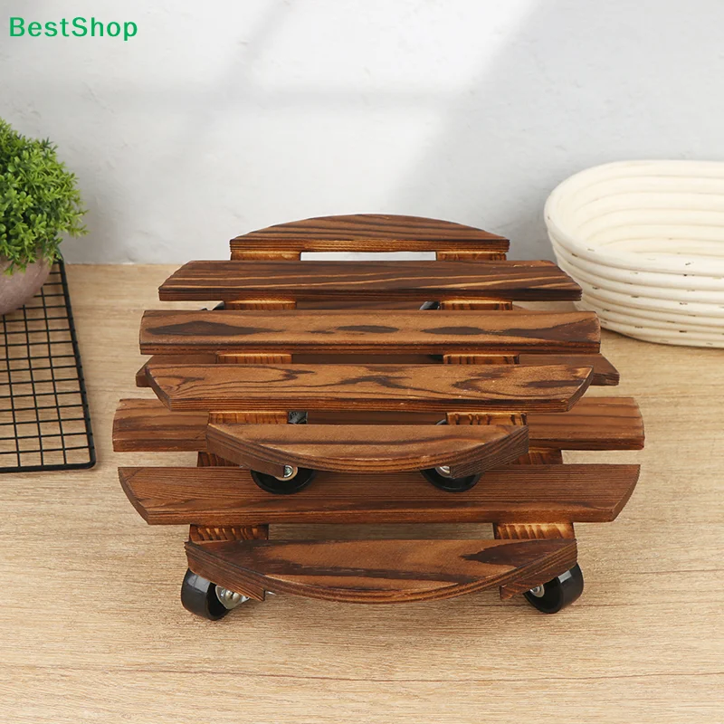 ★Wood Plant Caddy With 2 Lockable 360° Wheels Circular Rolling Plant Stand For Indoor/Outdoor Use Patio Flower Pot