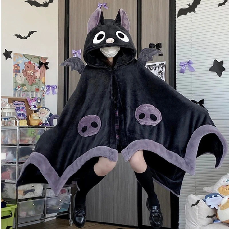 Kawaii Kuromi Girls Coral Fleece Thickened Cloak Pajamas Halloween Cartoon Thermal Robe Autumn Winter girl Home Clothes