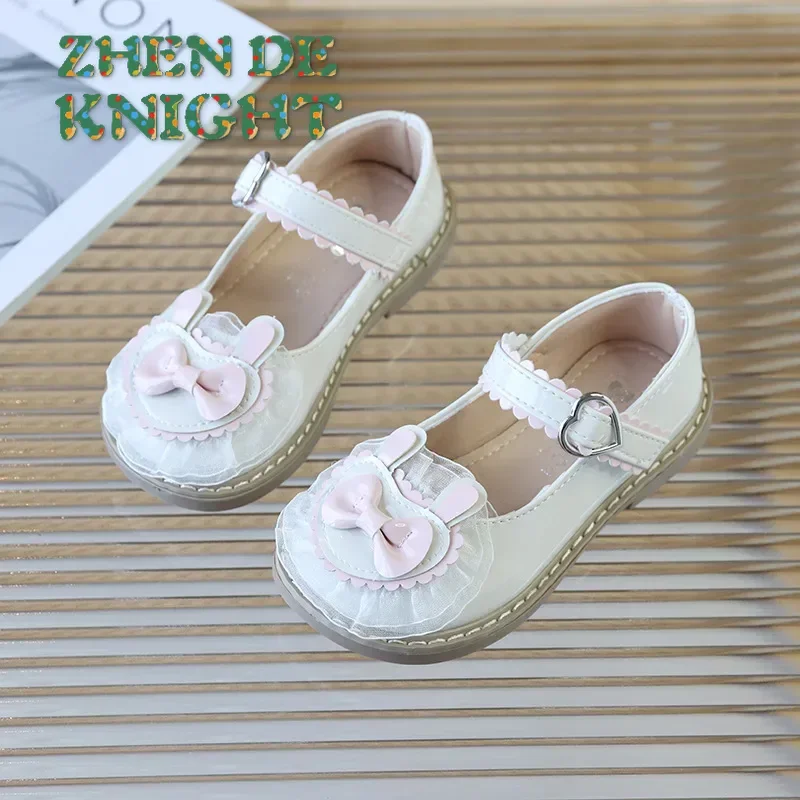 

2024 Bow Cartoon Rabbit Little Leather Shoes Little Girl Flat Shoes Children Round Headed Girl Sweet Princess Shoes