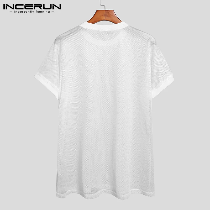 INCERUN Men T Shirt O Neck Short Sleeve Mesh Transparent 2024 Sexy Tee Tops Streetwear Vacation Breathable Party Men Clothing