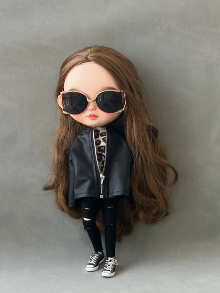 D05-P226 children toy 1/6 blyth ob24 ob27 azone19 joint BJD doll clothes Leopard print T-shirt leather jacket