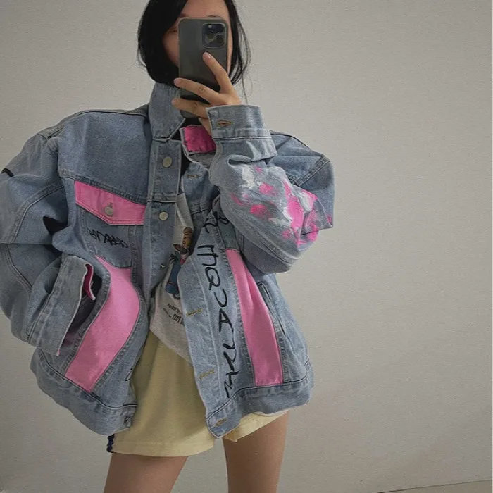 Chic Graffiti Washed Loose Fit Short Sleeveless Denim Jacket Street Style Women's Fashion Drawstring Straight Hem Jeans Coat