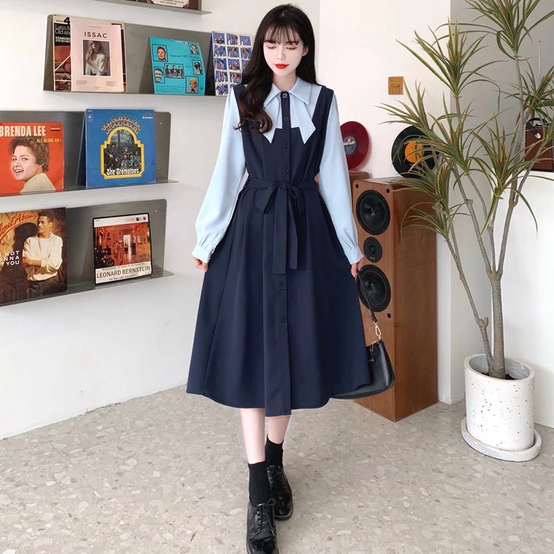 Sweet Cute Korean Chic Y2K Dress Long Sleeve Bow Fake Two Piece Shirt Dresses For Women Spring Autumn Vestido Robe Female Cloth