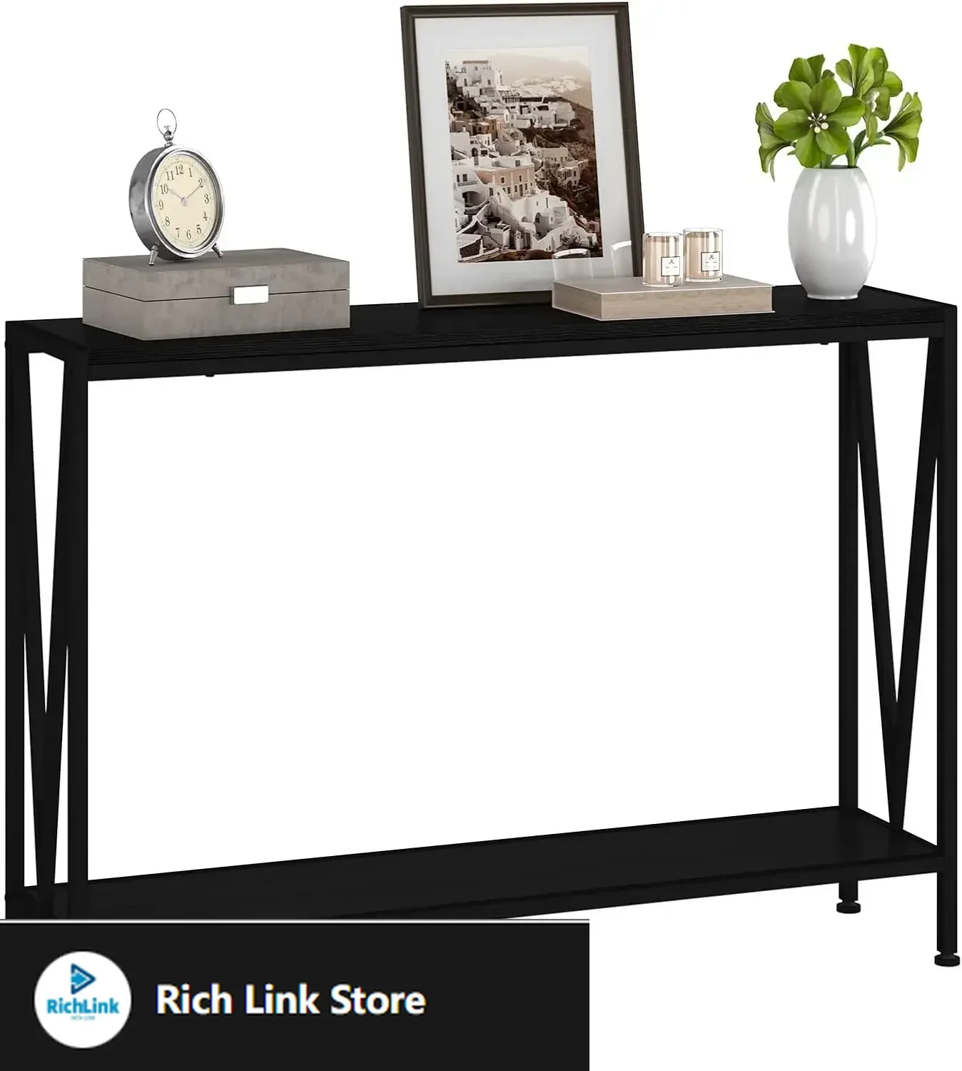 

Black Console Table, 42.9" Black Entryway Table, Industrial 2-Tier Skinny Sofa Table with Shelf, Console Tables for Entryway
