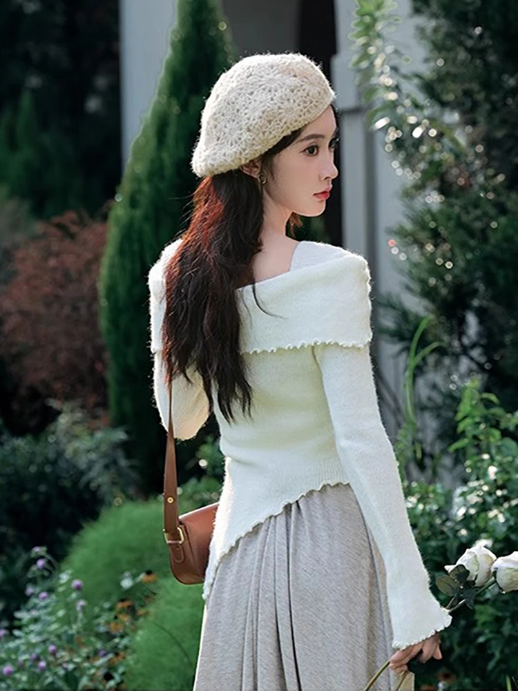 

Women Flower Slim Off Shoulder Sweater Slash Neck Long Sleeve irregular Pullover Sweater Autumn Female Casual Knitwear Chic Top