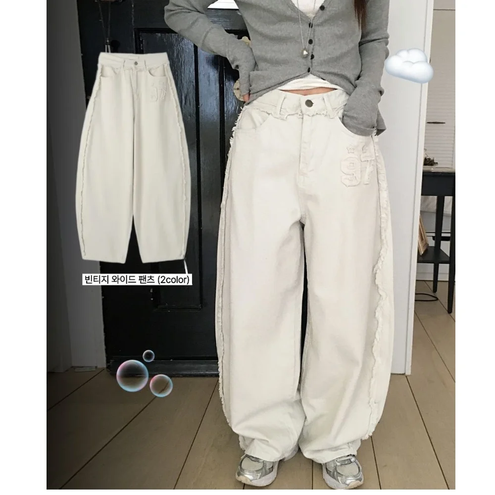Casual Letter Design Fleece-Like Wide Leg Jeans High Waist Asymmetric Long Pants Versatile Cotton Denim Non-Stretch Water Wash