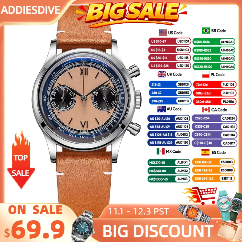 ADDIESDIVE Men Watches Quartz Wristwatch Sport Waterproof 100m Chronograph AR Coating VK64 Movement Retro Leather Watch New