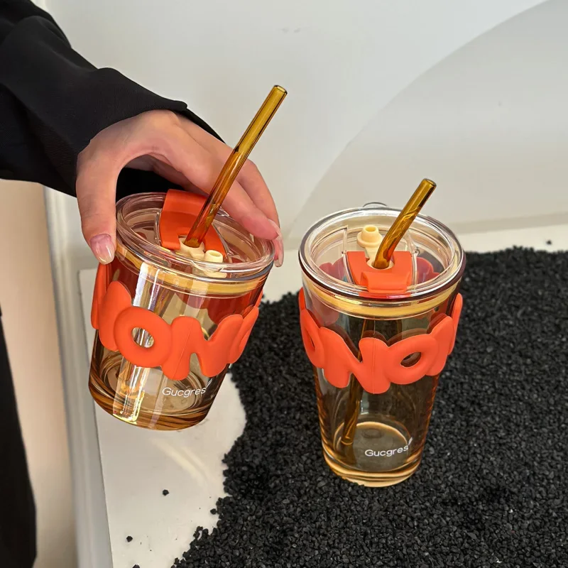 400ml Creative Glass Mug with Cover Straw Lid Fashion Sleeve Heat-Resistant Water Bottle Cup Drinkware Couple Straw Coffee Cup