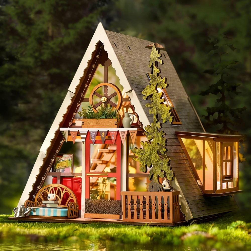 

Треугольный деревянный домик-конструктор DIY с LED-подсветкой, миниатюрной мебелью и микро-сценой, модель для сборки, подарок на день рождения для детей и взрослых