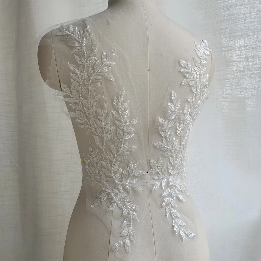 46 * 12,5CM Hochwertige Perlen-Pailletten-Blätter Bestickte Spitze Große Spiegelblumen-Applikation Patch DIY Hochzeitsaccessoires zum Nähen – Detail 10