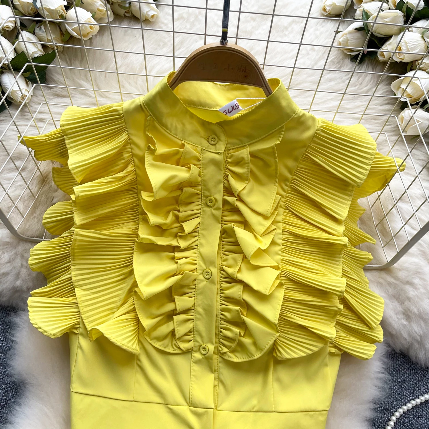 Chic Sweet Ruffle PATCHWORK Single Breasted Blouse Elegant French Fashion Sexy Shirt Spring summer sleeveless Women Top