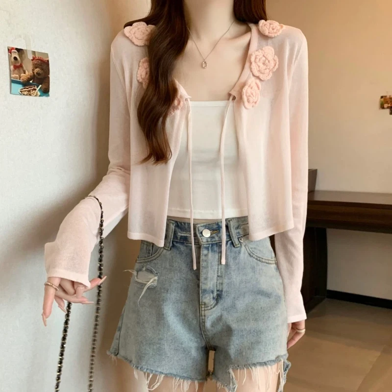 

Sweet Floral Applique Knit Top With Lace-Up Detail For Spring Summer Casual Night Out Wear