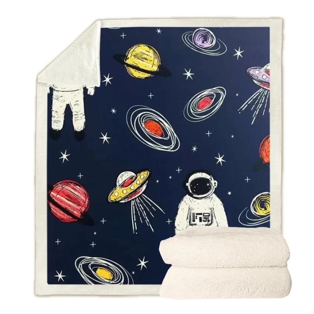 HX Fashion Childrens Throw Blankets Cartoon Rocket Astronaut Satellite 3D Graphic Double Layer Blanket Throw Keep Warm Quilt