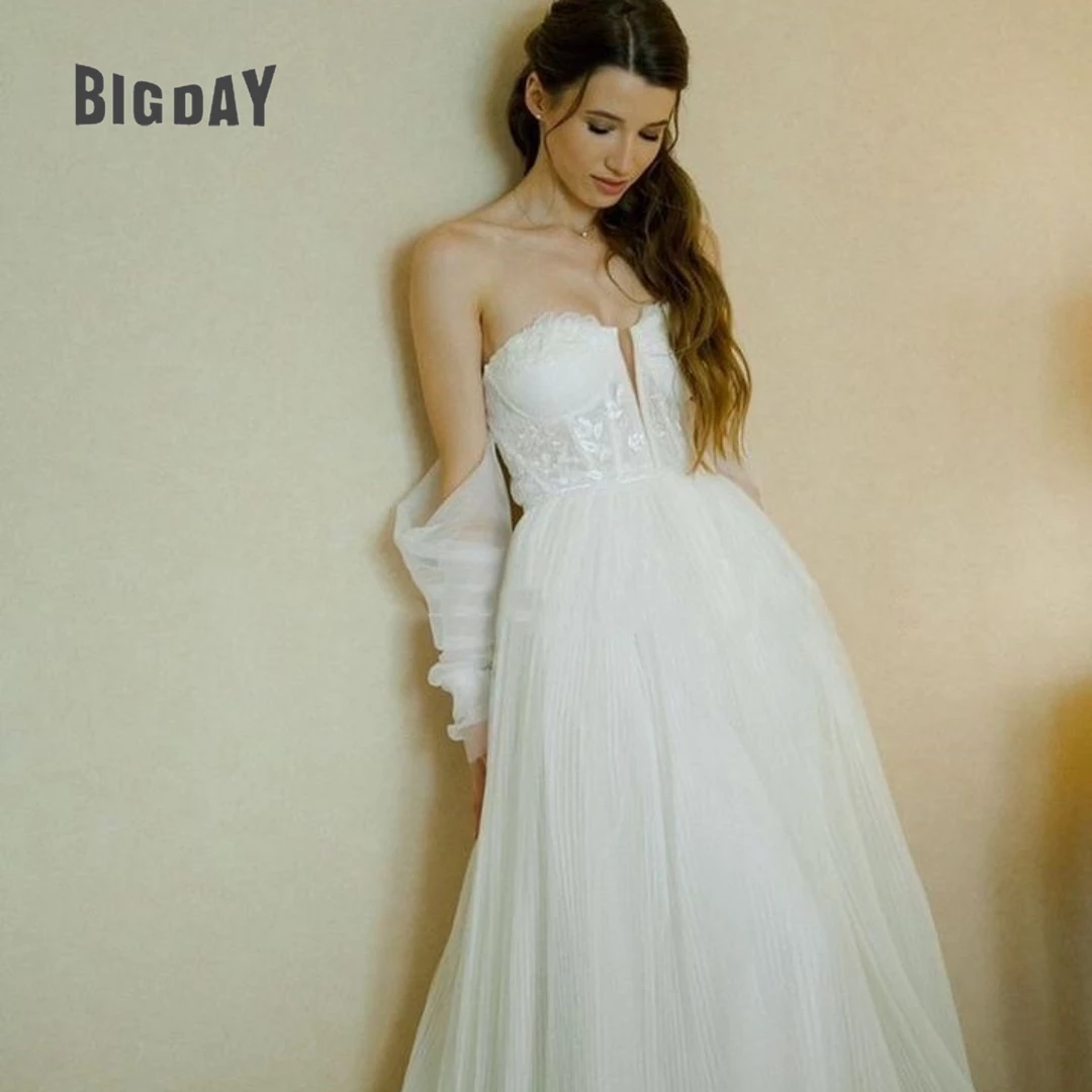 Exquisite Wedding Dress For Woman Puffy Strapless A-Line Beach Detachable Sleeves Bridal Gowns Lace Applique Vestido de Customed