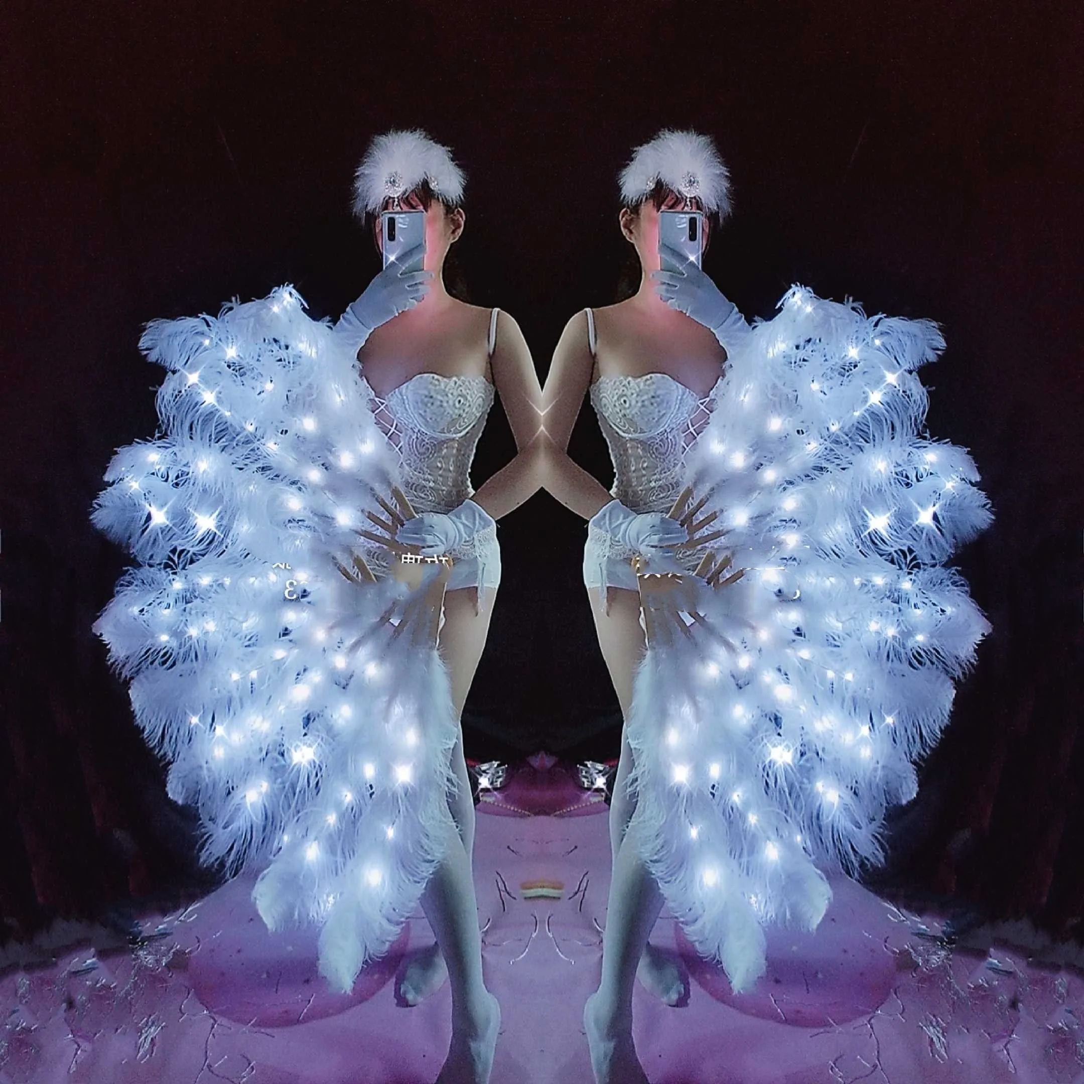 LED Glowing feather fan costume dancing feather Light fans feather fan costume bar gogo costumes