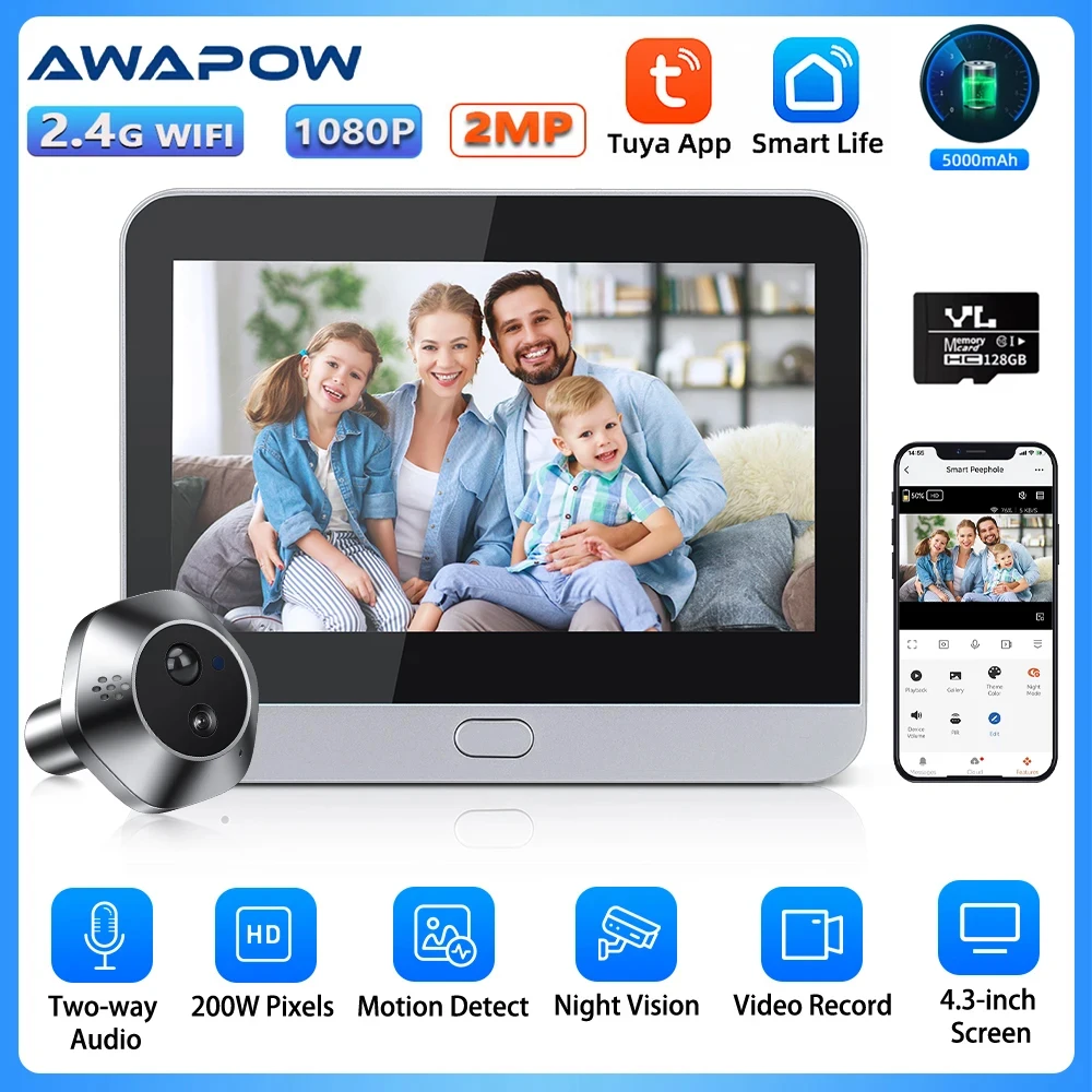 

Awapow 4.3inch Tuya Smart Doorbell Camera 2-Way Audio WiFi Video Peephole Door Viewer Night Vision PIR Motion Detection