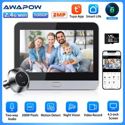 Awapow-timbre inteligente Tuya de 4,3 pulgadas, cámara de Audio bidireccional, WiFi, vídeo, mirilla, visor de puerta, visión nocturna, detección de movimiento PIR