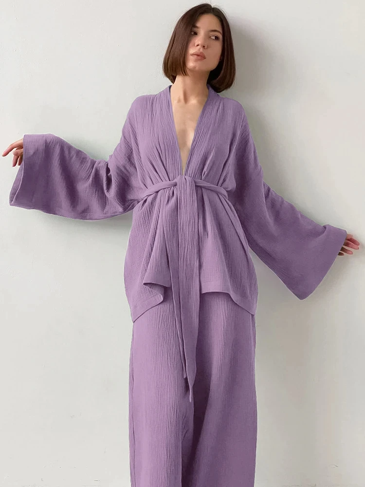 NHKDSASA 100% Cotton Women\'s Nightgown Robe Pajama Sets Flare Nightgown Trouser Suits Drop Sleeves Set Woman 2 Pieces Bathrobe