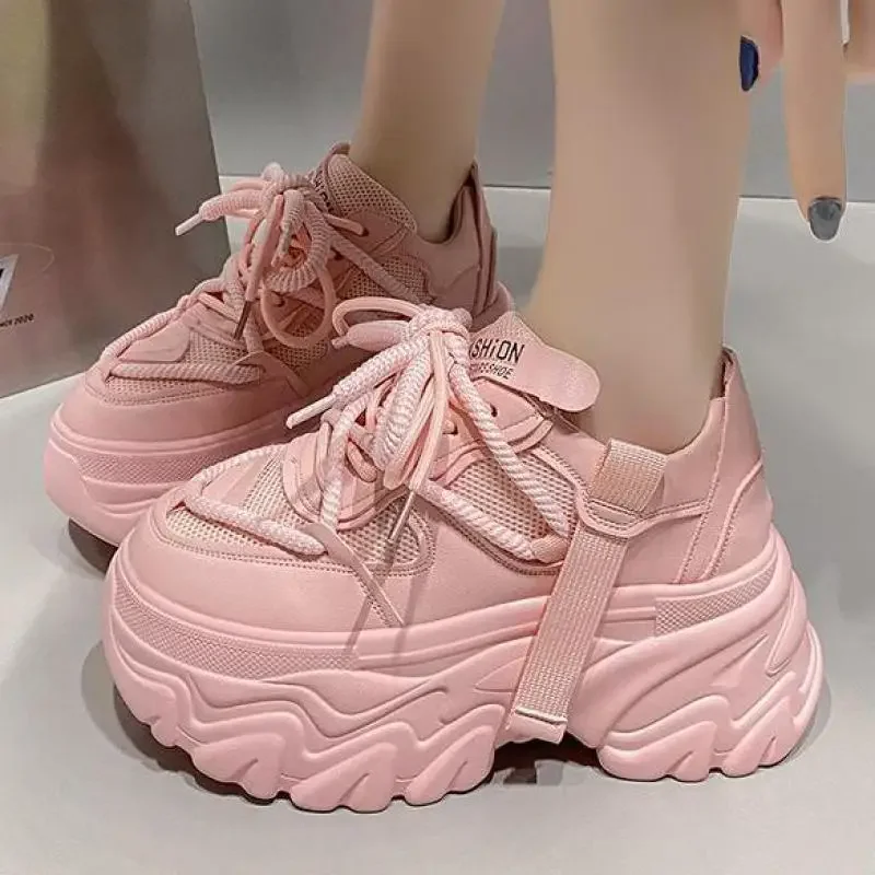 High Platform Sneakers Thick Sole Breathable Mesh Vulcanized Shoes Women Trainers 2024 Spring Increase Pink Chunky Sneakers 8cm