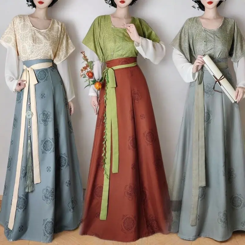 

2026 new Printed Round-Collar Beizi + High-Waist Eight-Part Skirt Chinese Style New Tang Dynasty Hanfu Set