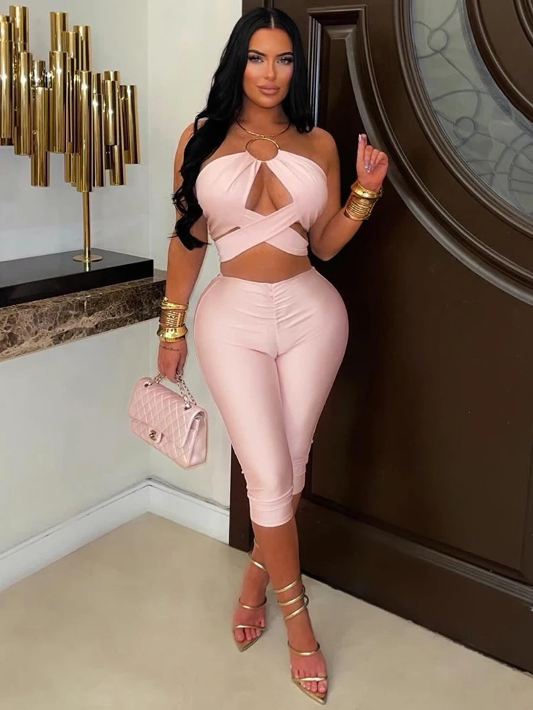 Kliou Sexy Fashion 2 Piece Set Woman Metal Ring Halter Bandage Backless Tops+Skinny Peach Hip Shorts Midnight Club Party Suits