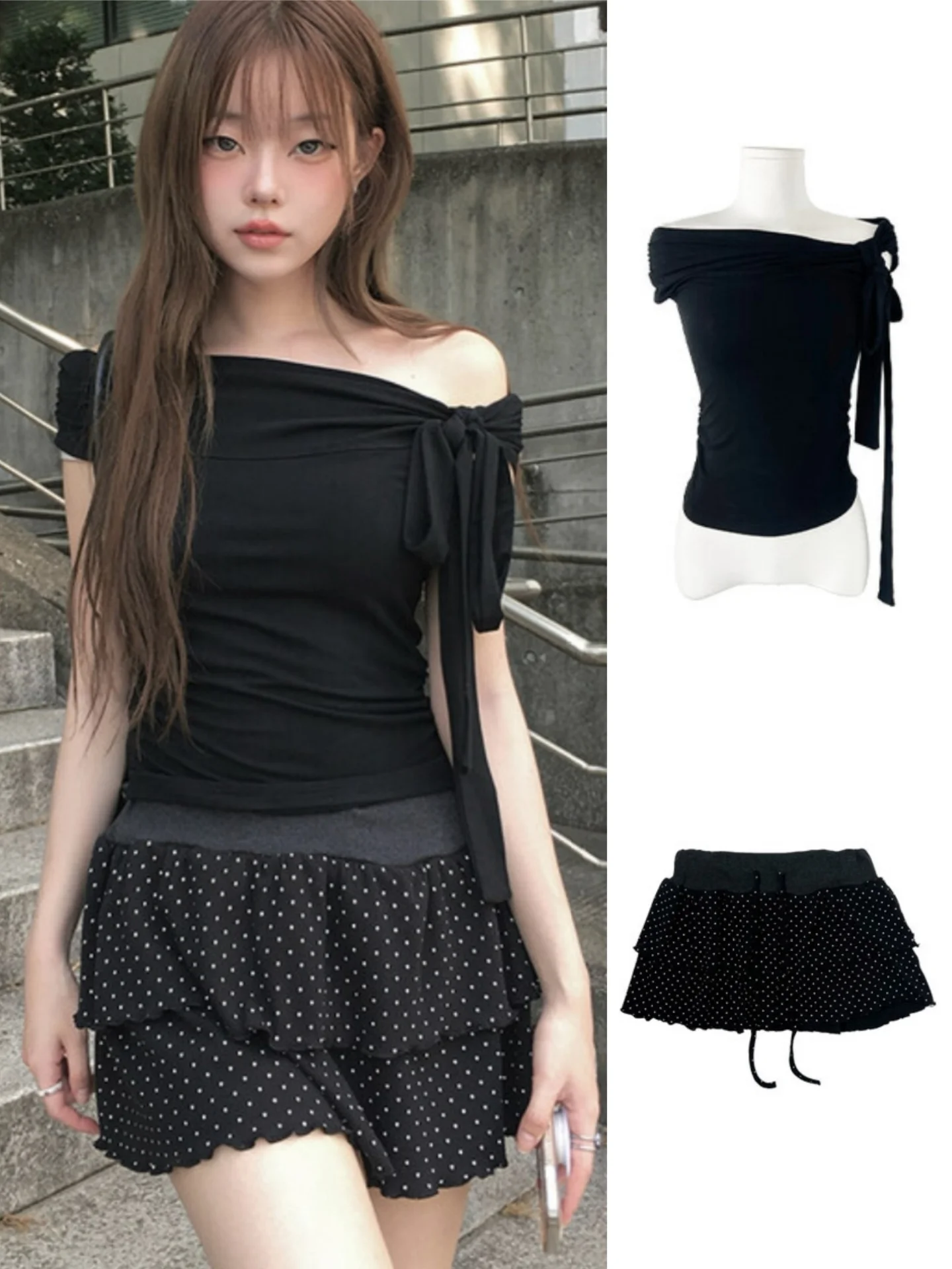 Estate Unico SEI Coreano Sle Tie oulder One-oulder ort-Sve T-shirt Top Slim Gonna a pois Donna Abbigliamento casual