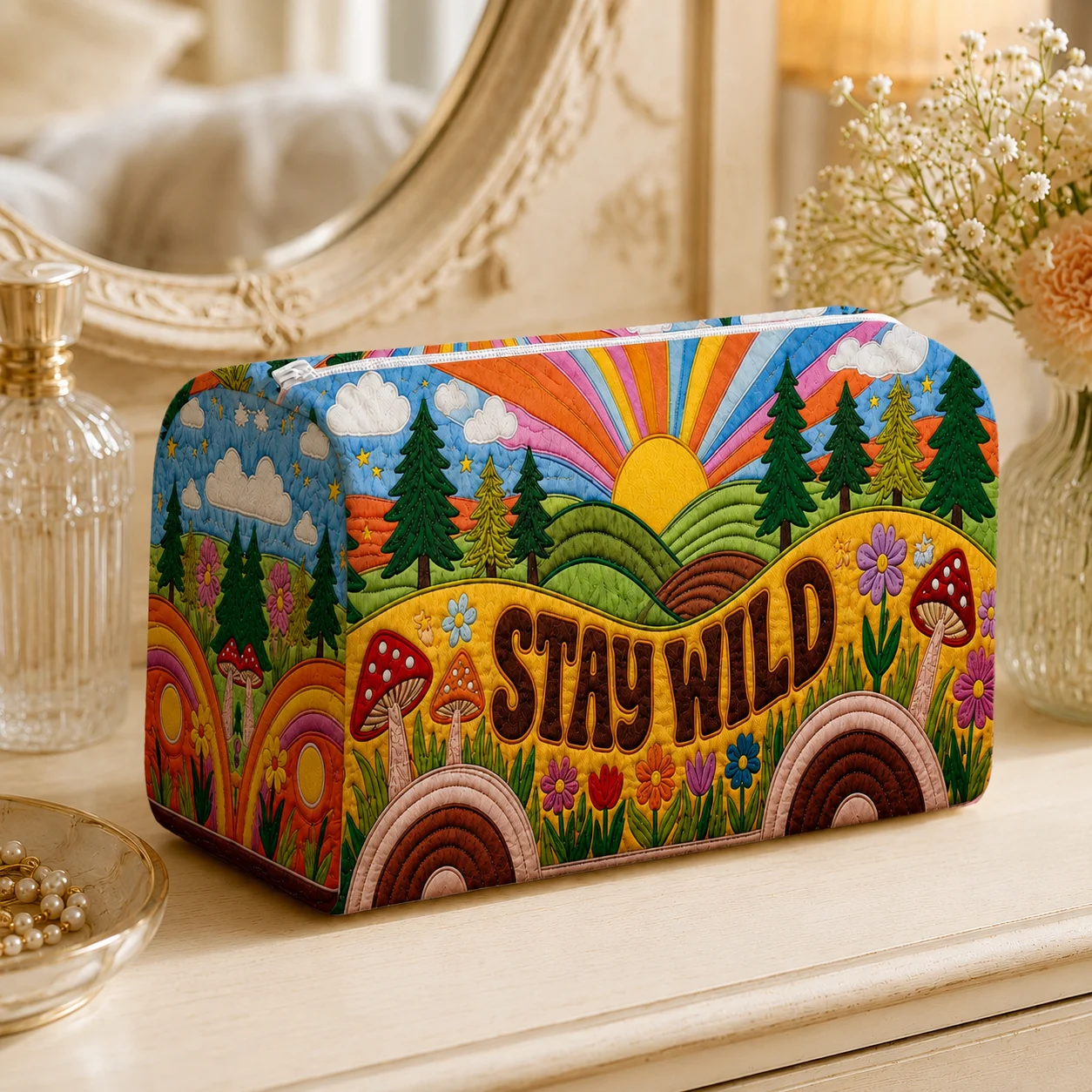 Stay Wild Cosmetic Bag Retro Colorful Printed Makeup Pouch for Women Travel Toiletry Organizer Mushroom Floral Beauty Storage