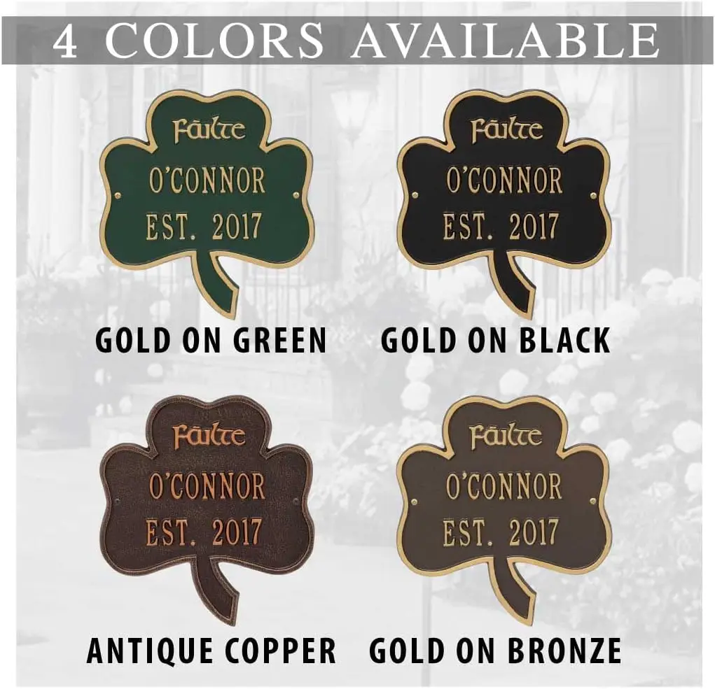 Custom Irish Shamrock Plaque Featuring Family Name And Established Date Failte Welcome Solid Metal