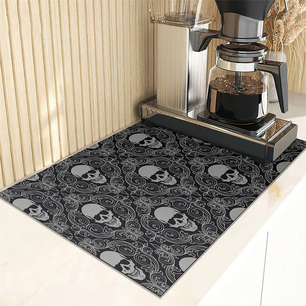 Terror Theme Kitchen Super Absorbent Mat Sugar Skull Pattern Mat Drying Mat Quick Dry Bathroom Drain Pad Kitchen Faucet Placemat