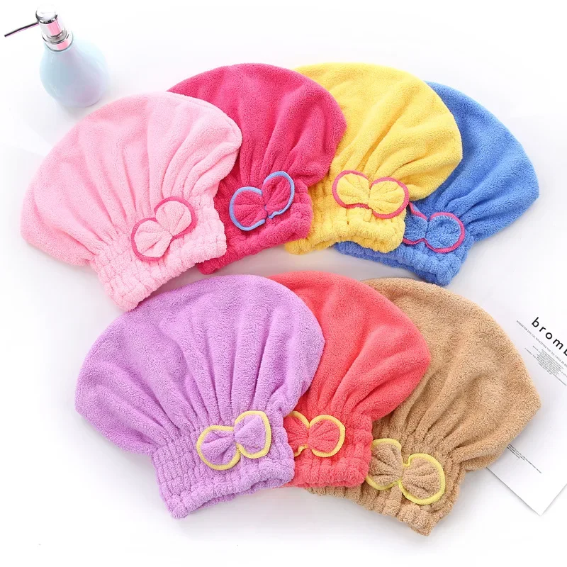 High Density Coral Velvet Shell Dry Hair Cap Cute Super Soft Bow Absorbent Princess Hat 4Pcs Thick Hair Towels with Elastic Band