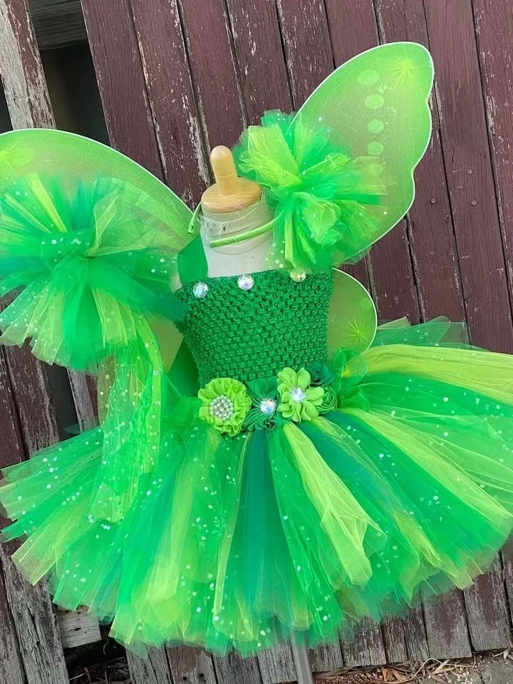 Girls Green Flower Fairy Dress Kids Glitter Tutu Dress with Butterfly Wing and Stick Hairbow Set Children Cosplay Party Costumes